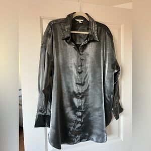 Women's Metallic Silver Oversized Button-Up Shirt, H&M, size L